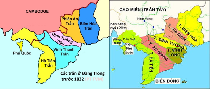Sơ đồ ngũ trấn ở đàng trong, sau là Nam kỳ lục tỉnh.